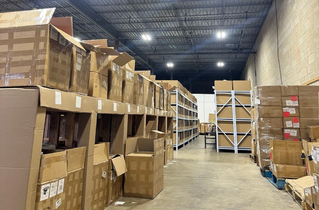 Cartons stored on racking at the DSCP Smart Fulfillment New Jersey fulfillment center serving ecommerce brands