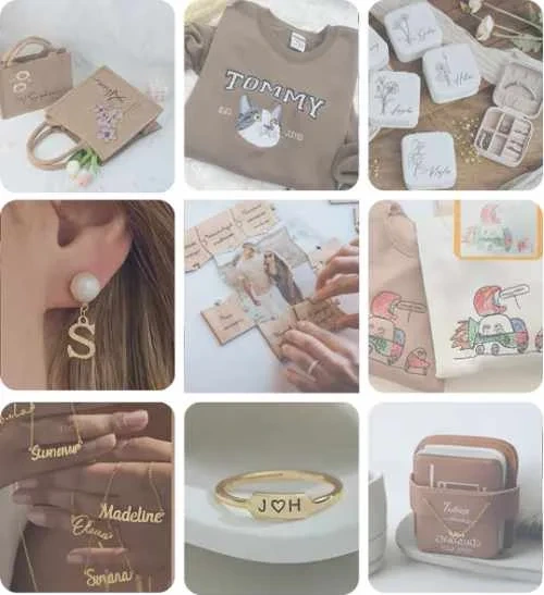 Custom jewelry, apparel, gifts and packaging prepared for print on demand fulfillment in the US